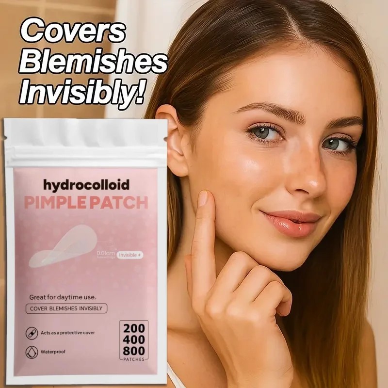 Woman wearing a clear hydrocolloid pimple patch on her cheek, holding the patch pouch