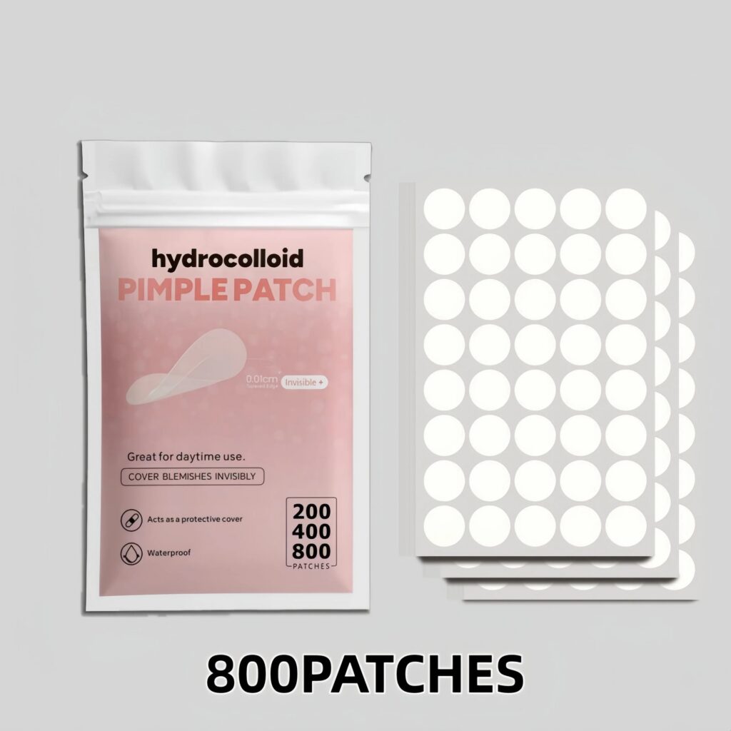 Hydrocolloid pimple patch pouch next to sheets of round clear patches, labeled 800 patches