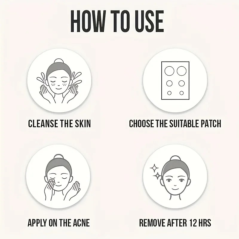 How to use pimple patches in 4 steps: cleanse the skin, choose the right patch size, apply over the spot, remove after up to 12 hours